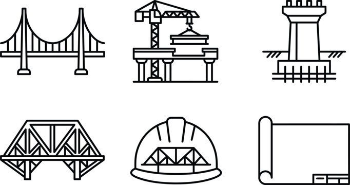 Bridge construction and civil engineering line art icon set