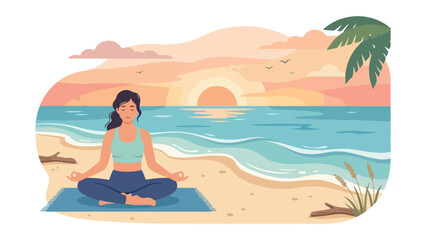 Fototapeta premium Woman practicing yoga and meditation in lotus pose on a tropical beach at sunset. Peaceful 2D vector illustration of a relaxing holiday wellness retreat.