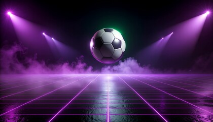 Naklejka premium Floating soccer ball illuminated by purple neon lights and dramatic smoke in a futuristic sports arena.