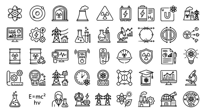 Atomic Science and Nuclear Technology Editable Stroke Icons Set for Energy Research and Engineering