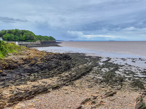 Rugged Coastline of Clevedon Bay at Low Tide in Clevedon, Somerset, UK