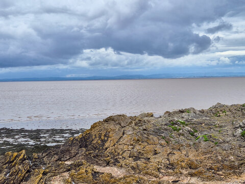 Rugged Coastline of Clevedon Bay at Low Tide in Clevedon, Somerset, UK