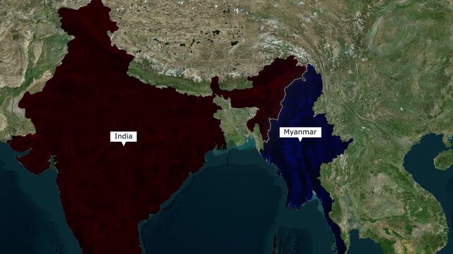 Animated satellite view highlighting the countries of India and Myanmar in Asian region