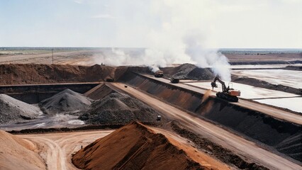 Mining of field minerals-the process of extracting solid, liquid and gaseous minerals from the bowels of the earth with the help of technical means. Environmental pollution by industry. Aerial view.  © pinan