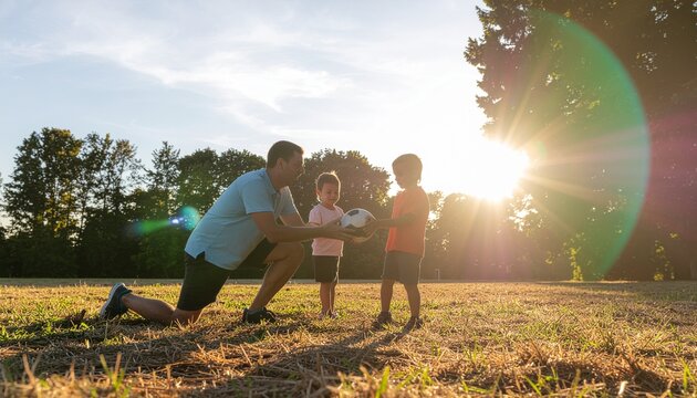 Father kneeling with his two young sons in a sunny park at sunset, enjoying family time outdoors.