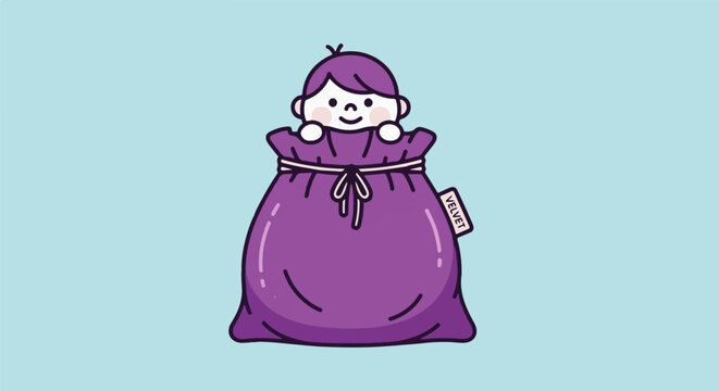 Playful Baby in Purple Bag, Fun Illustration, Cartoon Style, Cheerful Mood