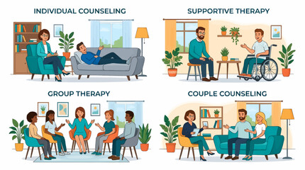 Fototapeta premium Psychologist Sessions Flat Vector Illustration Set: Individual, Supportive, Group, and Couple Counseling in Cozy Office Settings