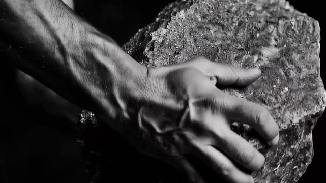 Holding a rock in a strong grip showcasing physical strength and determination in a monochrome setting