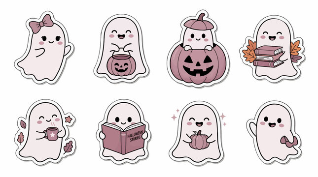 Cute Kawaii Ghost Illustrations for Halloween, Featuring Ghosts with Pumpkins, Books, Coffee, and Autumn Leaves, Flat Design Vector Graphics