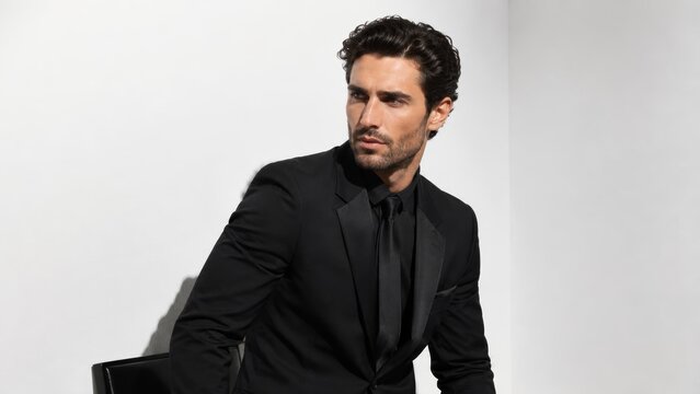 Professional male model wearing a tailored black suit in a minimalist white studio, clean composition, soft shadows