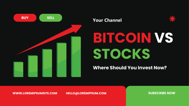 Bitcoin versus stocks investment comparison graphic with rising chart