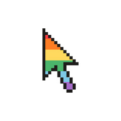 Fototapeta premium Pixel art rainbow pride cursor icon isolated on white background. 8 bit retro computer mouse pointer with rainbow flag colors for LGBTQ pride month, nostalgic Y2K technology aesthetic, queer culture