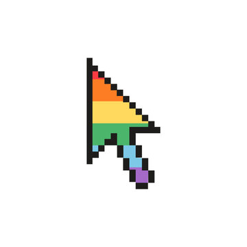 Pixel art rainbow pride cursor icon isolated on white background. 8 bit retro computer mouse pointer with rainbow flag colors for LGBTQ pride month, nostalgic Y2K technology aesthetic, queer culture
