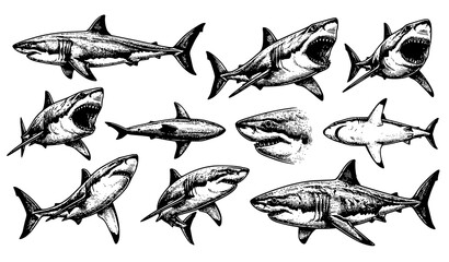 Obraz premium Vintage Shark Illustration Collection Featuring Different Marine Predator Species in Detailed Engraving Style