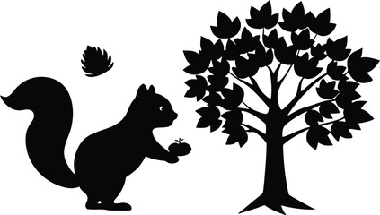 Squirrel standing next to a tree holding an acorn © LailaArtworks