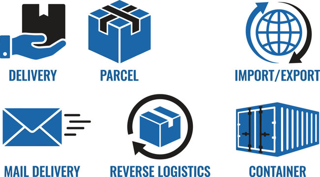 Delivery parcel import export mail reverse logistics container business icons.