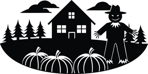 A scarecrow stands guard near a house with pumpkins and trees © LailaArtworks