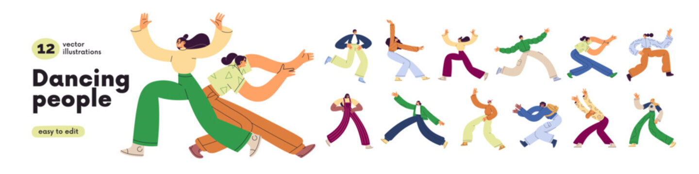 Happy active people dancing and jumping set. Energetic young men and women in motion, dynamic funny poses. Excited dancers doing fun movements. Flat vector illustration isolated on white background
