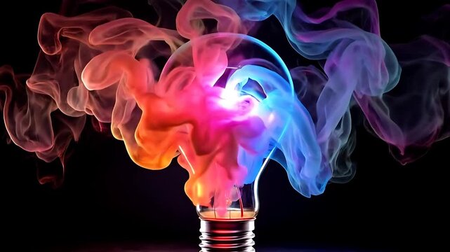 Perfect for marketing and design projects, this vibrant light bulb image showcases creative artistic patterns with swirling colorful smoke.