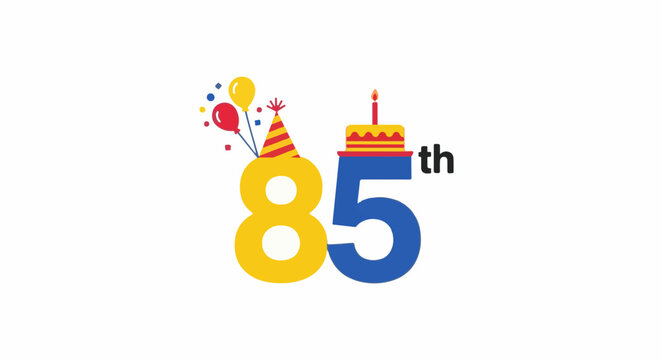 Festive illustration of "85th" with balloons, party hat, and cake