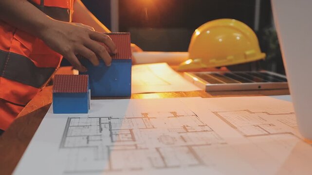 professional architect designer structural engineer team colleagues working office looking computer discussing building plan design project.
