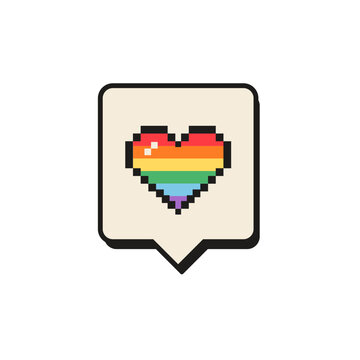 Retro speech bubble with pixel art rainbow pride heart isolated on white. 8 bit aesthetic pop art chat box with rainbow flag colors for LGBTQ pride month, queer communication, and digital stickers