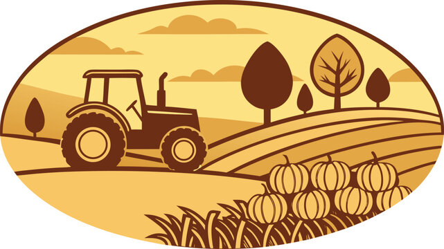 Tractor in a field with pumpkins and trees