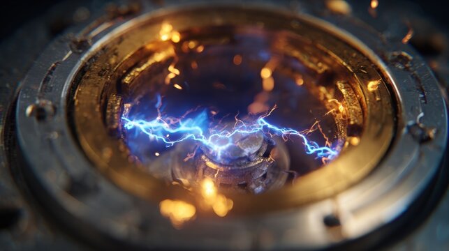 Futuristic electrical engine core with powerful blue lightning sparks and energy discharge. Abstract high tech engineering wallpaper of rotating mechanism generating electric power backdrop.