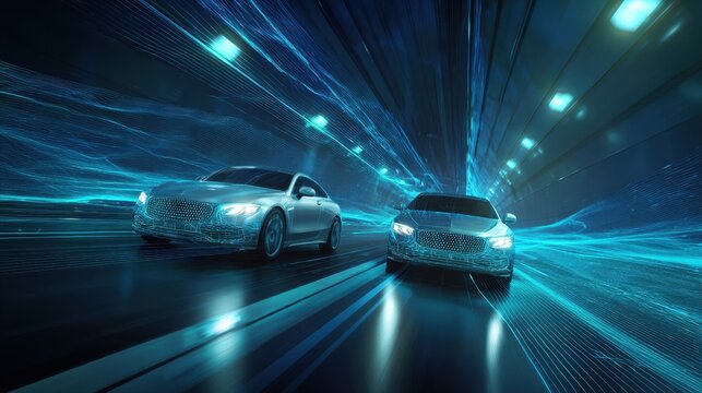 Futuristic autonomous cars driving fast inside a high tech digital cyber virtual tunnel. Two intelligent generic wireframe electric vehicles moving through blue data network abstract background.