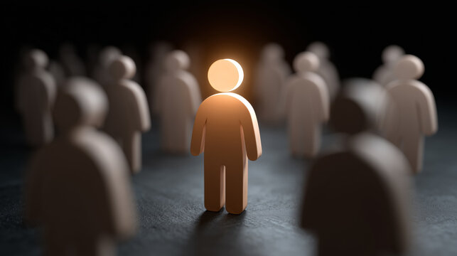 Unique individual illuminated among a group of faceless figures representing individuality, identity, and the quest for self in a crowd of conformity