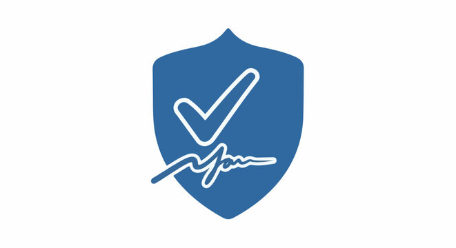 Blue shield with white checkmark and signature