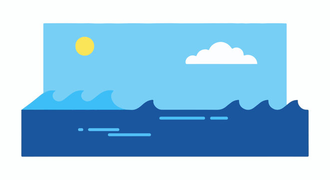 Flat illustration of a sunny day at sea with waves and a cloud