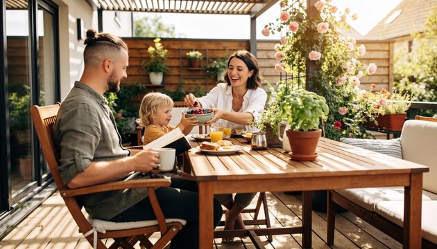 Happy family enjoying a healthy breakfast on an outdoor patio. Mother feeding child fresh berries. Father drinking coffee. Summer morning lifestyle at home