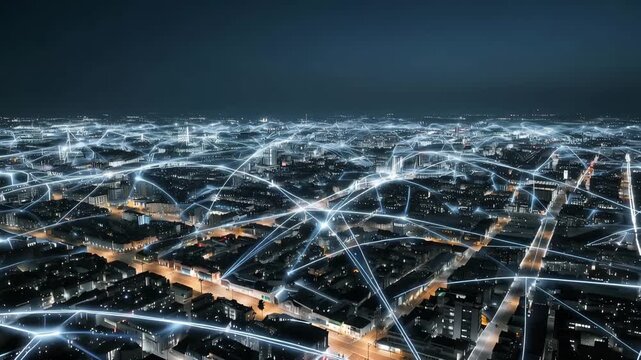 Abstract network technology Glowing illuminated data connections communication over dark city