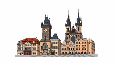 Fototapeta premium Stylized illustration of historic buildings with towers and clocks