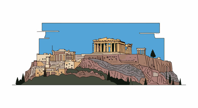 Stylized illustration of ancient ruins on a rocky hillside under a blue sky