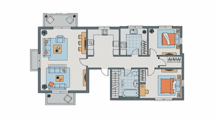 Fototapeta premium Stylized floor plan with furniture, depicting living areas, bedrooms, and kitchen