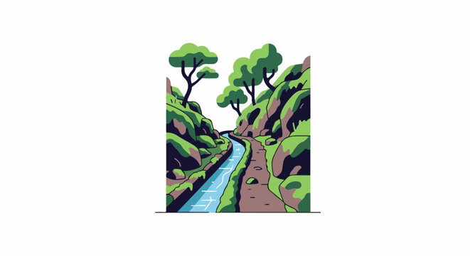Stylized pixel art of a narrow gorge with a winding path beside a stream