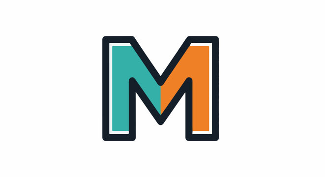 Stylized letter M logo, split teal and orange, outlined in black and white