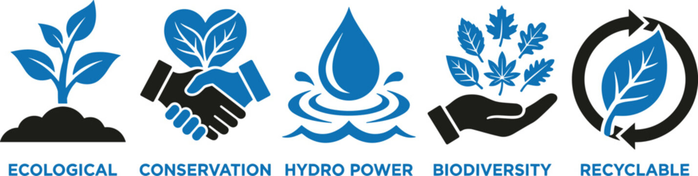 Ecological conservation hydro power biodiversity recyclable set of five flat vector environmental icons.
