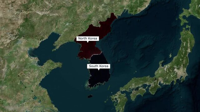 Animated satellite map zooming on the Korean Peninsula highlighting the borders of North Korea and South Korea