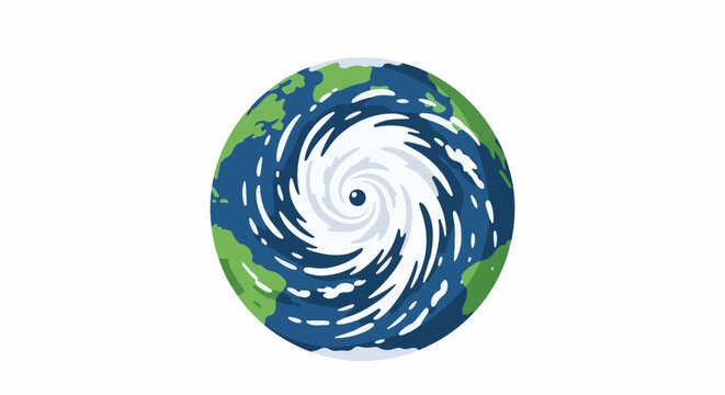 Stylized planet Earth depicted with a swirling hurricane over its surface