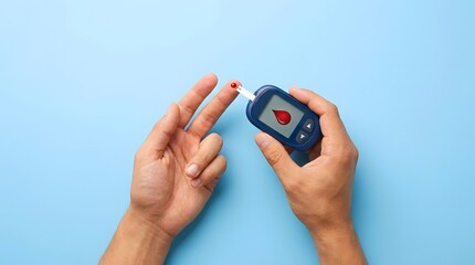 Naklejka premium A person's hands performing a blood glucose test with a meter and a finger prick, showing a drop of blood on a light blue background.