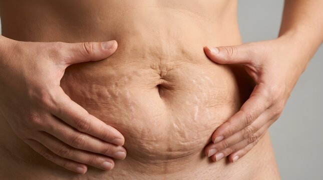 Close-up of a person's hands holding loose, wrinkled skin and stretch marks on their abdomen.