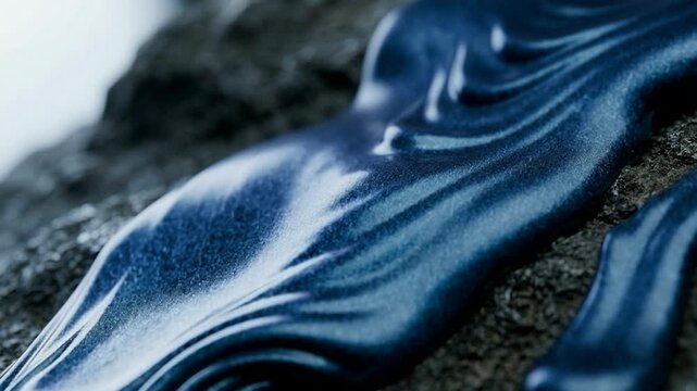 Close-up macro shot of shimmering metallic blue viscous liquid flowing down a dark textured rock