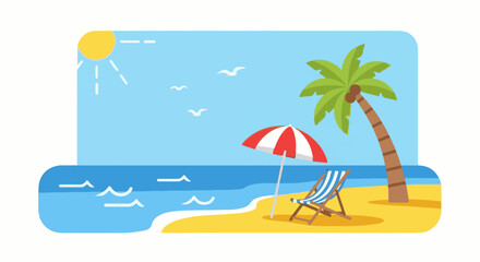 Obraz premium Sunny beach scene with palm tree, umbrella, and deck chair