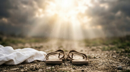 Sandals left on the ground under a bright sunlit sky. Symbolic representation of Ascension Day. Spiritual concept of departure, divine presence, faith and religion in Christian holiday.