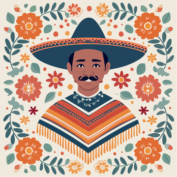 Mexican Man in Sombrero and Poncho with Floral Border