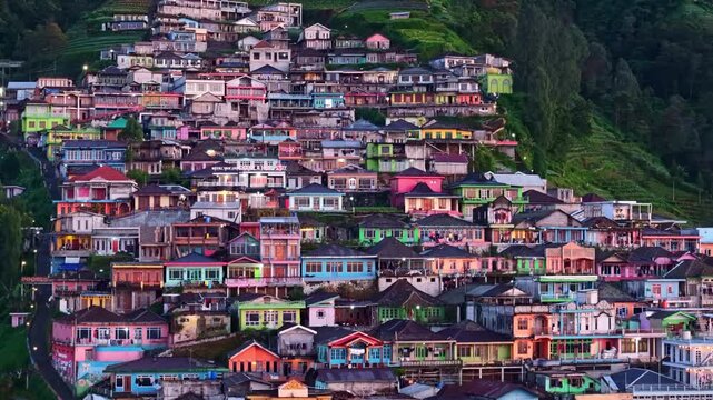 Early dawn aerial view of Nepal van Java village on the slope, colorful buildings and rooftops, Indonesia rural landscape.