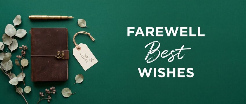 Farewell best wishes travel journal background with brown leather notebook, golden fountain pen, eucalyptus leaves, and bon voyage tag on green surface for retirement send-off card and adventure.